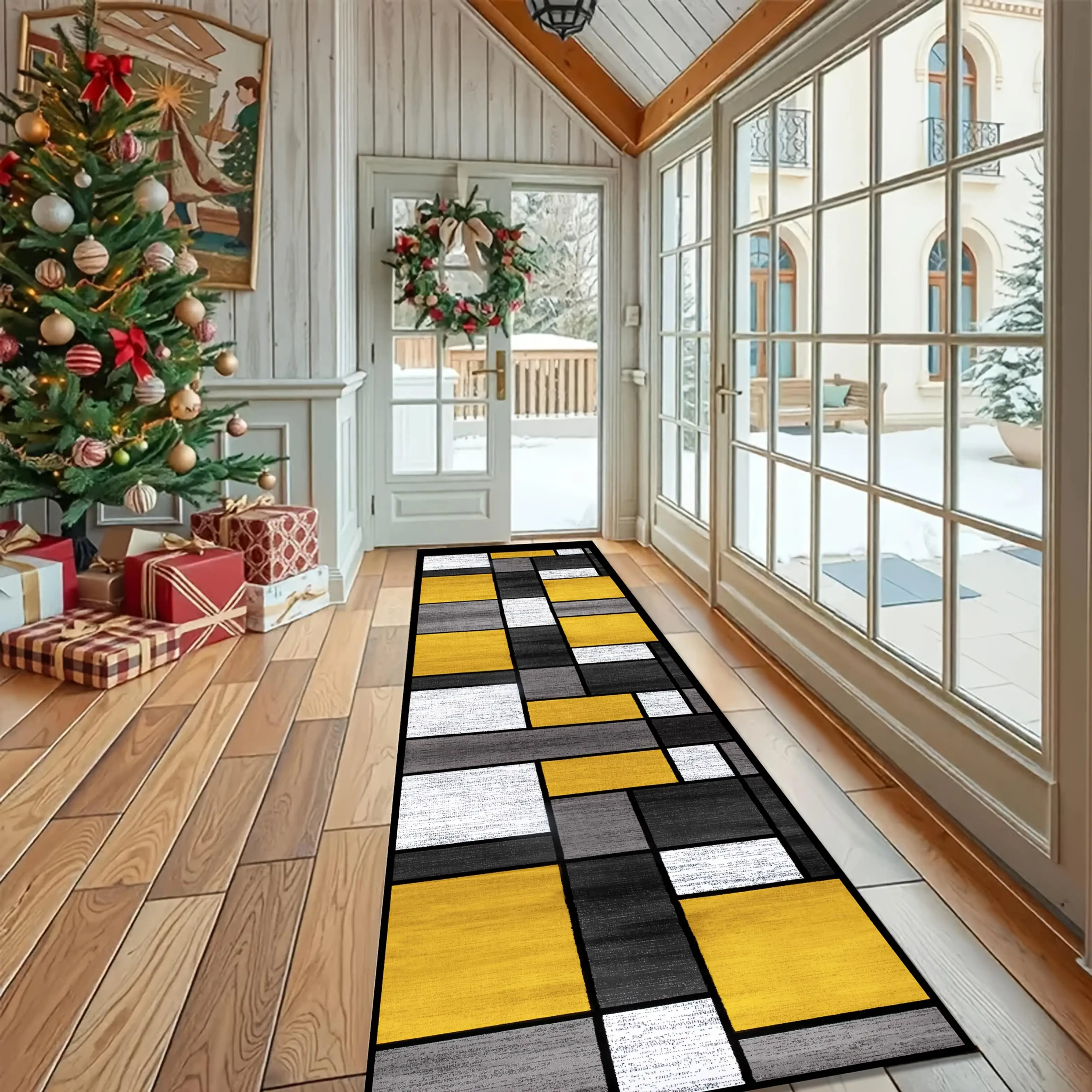 Solid Sage Green Border Runner Rug  Modern Minimalist Layered Black Frame Non Slip Long Hallway Entryway Floor Mat