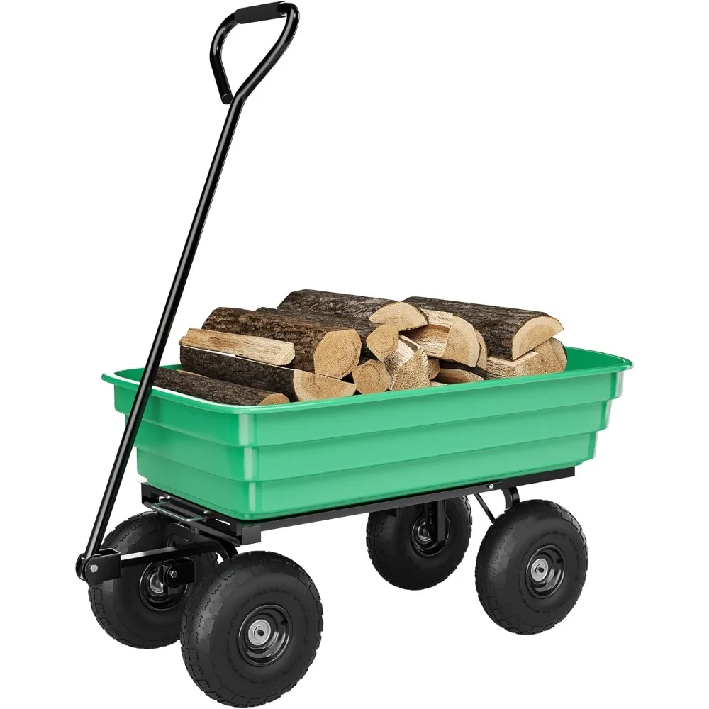 

US Shipping 4 Cubic Feet Garden Dump Cart 600Lbs Capacity Heavy Duty 4 Wheel Yard Wheelbarrow with 10 Inch All Terrain Wheels