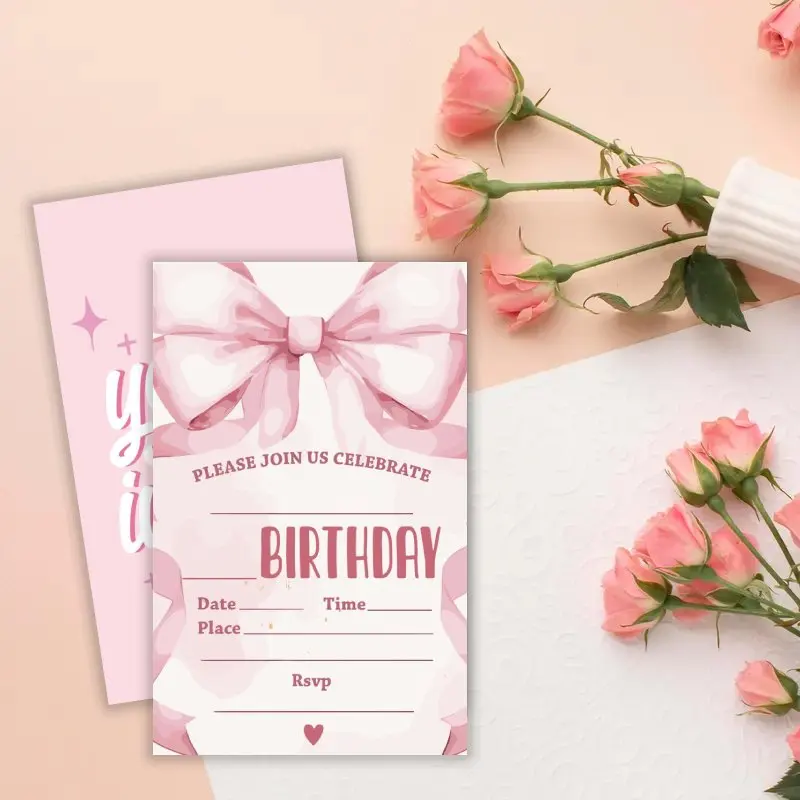 20 قطعة، بطاقة دعوة عيد ميلاد لطيفة على شكل فيونكة كرتونية، 20 بطاقة دعوة عيد ميلاد تحت عنوان الفتاة #5