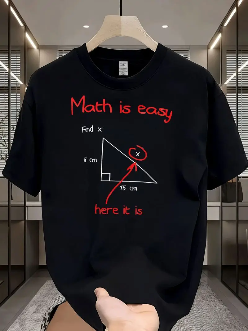 Math Is Easy Find X Geometry Pattern Funny Graphic Tee, Men's Casual T-Shirt Street Style Adult Fashion Gift For Math Lovers