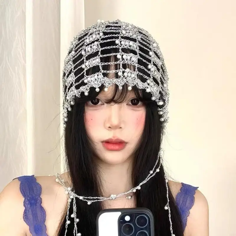 Handwoven Beadwork Net Hat With Silver Metal Chain Comfortable Head Chain Cap