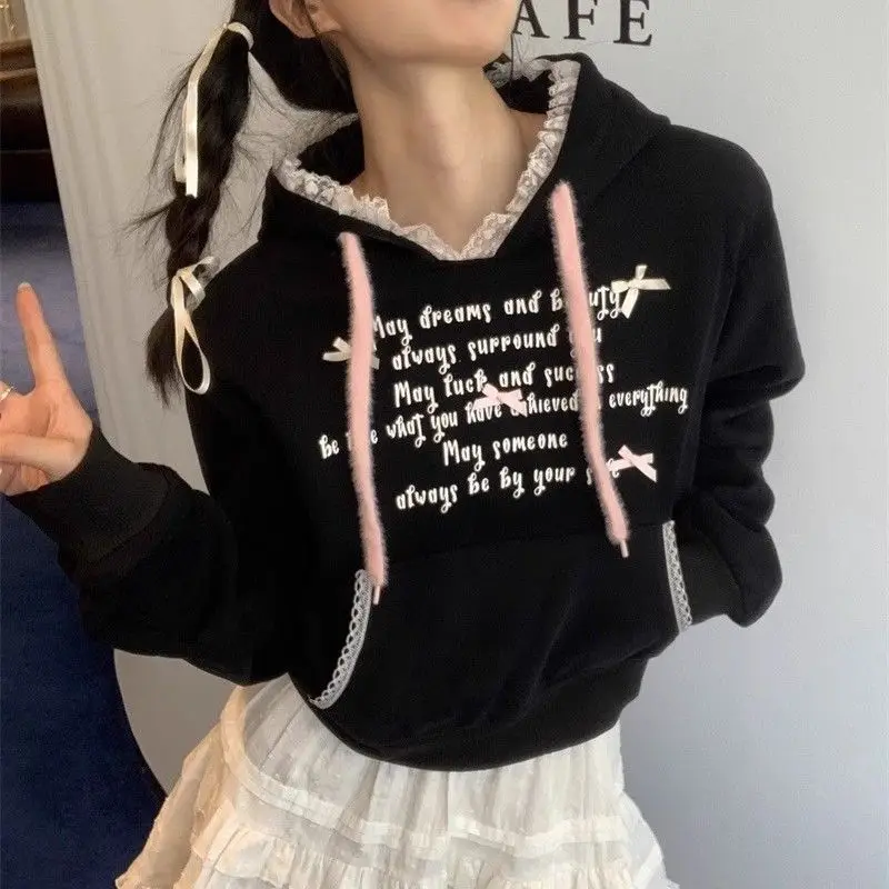 

Korejpaa Autumn New Sweatshirt Hotsweet Top Coat Spicy Girl Lace Edge Bow Versatile Letter Hoodie Top Aesthetic Y2k Clothes