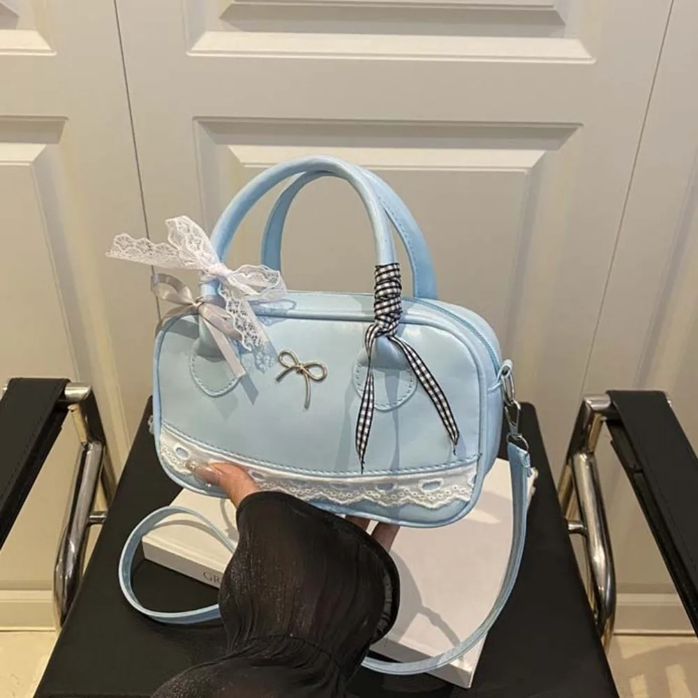 Dumpling Style PU Leather Boston Handbag Lace Ribbon Bow Crossbody Bowling Bag Korean Style Waterproof Small Square Bag Women