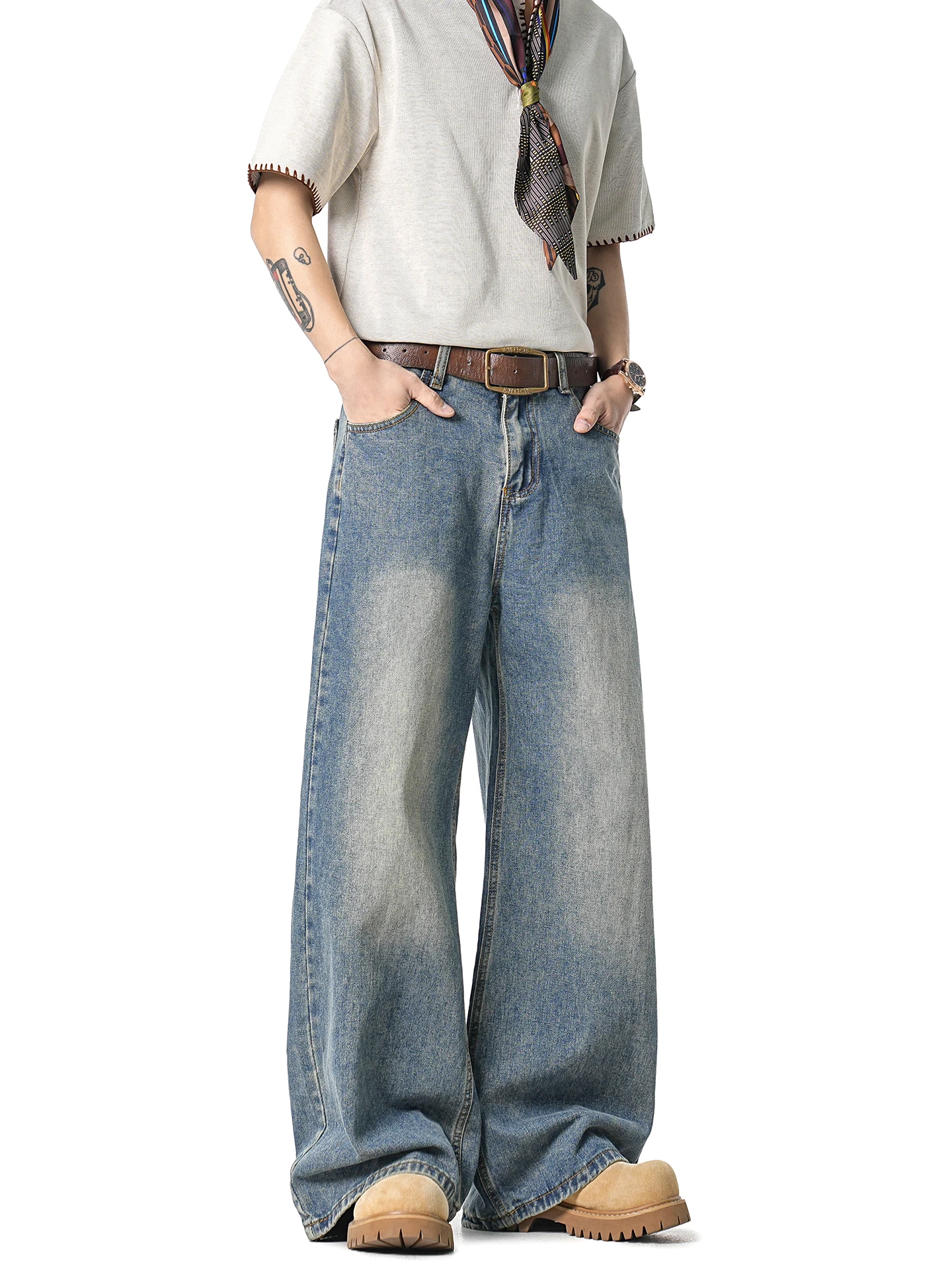 Light Blue Washed Straight Leg Men's Jeans Cleanfit Spring American Style Casual Cotton Polyester Blend Wear Resistant