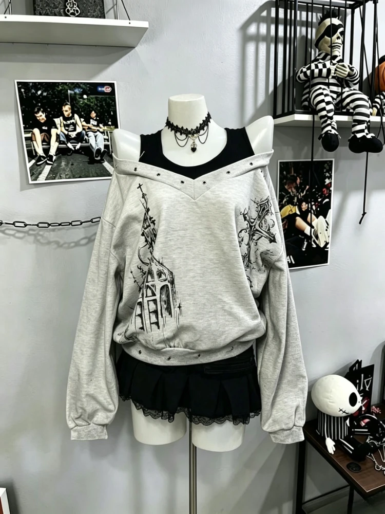 Subculture Punk Rock Cross Print Fake Two Piece Tops Women Vintage Sexy Off Shoulder Loose Tees Autumn Y2k Harajuku Retro Blouse