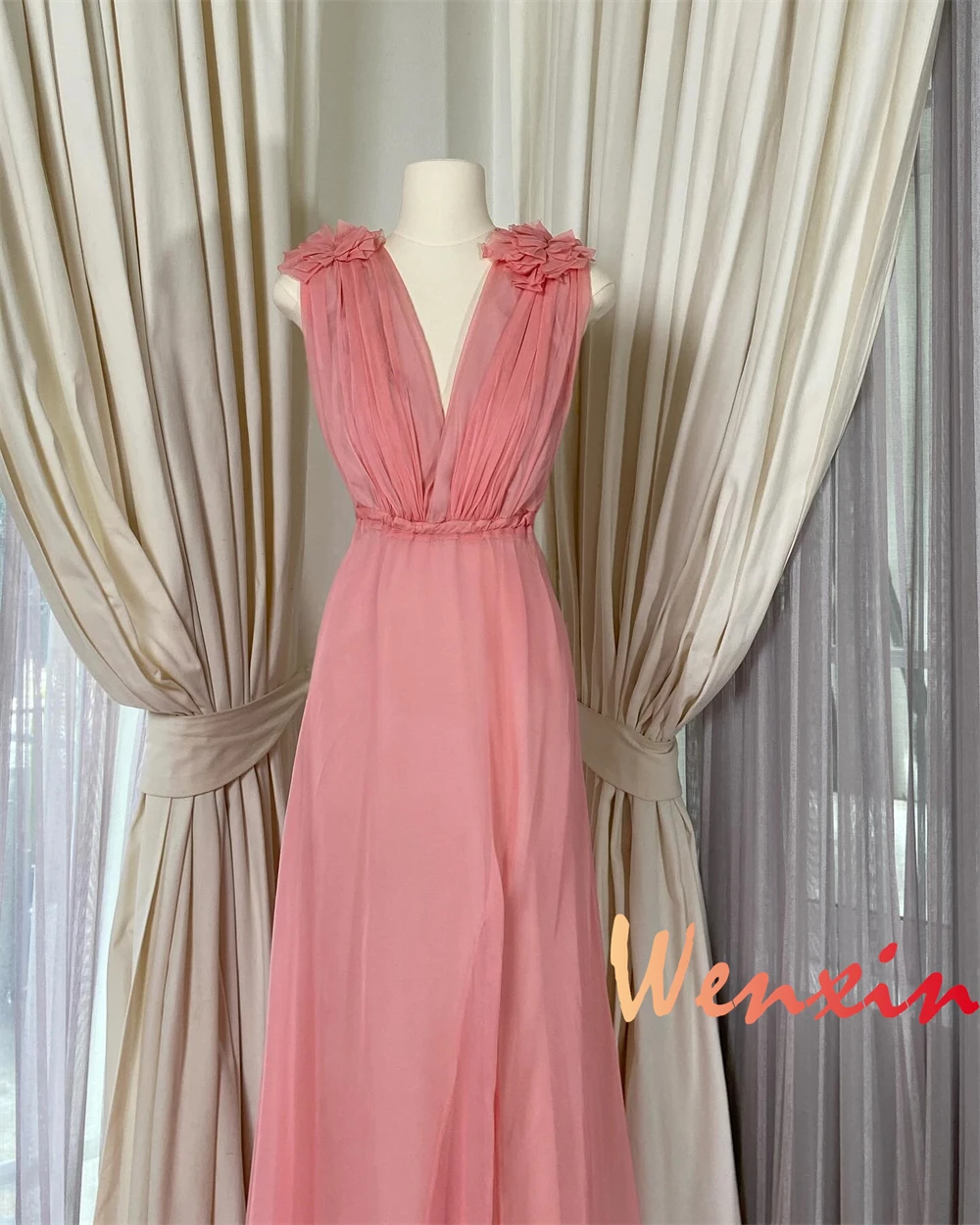 Robe de soirée en mousseline de soie rose, personnalisée, col en v, fleurs, robes de soirée, à la mode, pour occasions spéciales