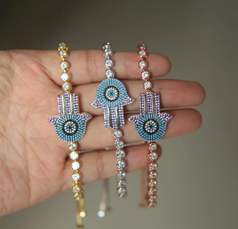 2022 Top Quality Blue purple turkish fashion fatima tennis AAA cubic zirconia bling women girl hamsa hand bracelet hansa jewelry