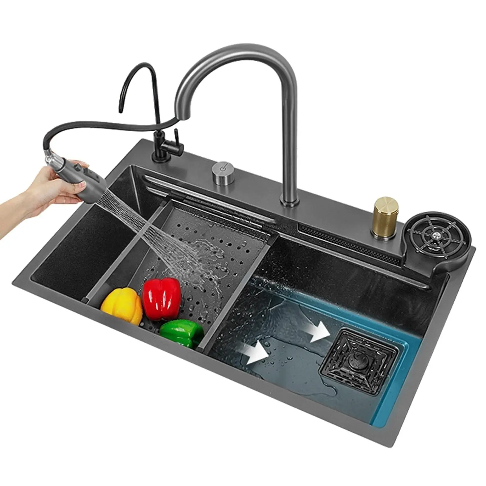 Waterfall Kitchen Sink Set 304 Stainless Steel Sink Home Sink Vegetable Basin with Pull-Out Faucet