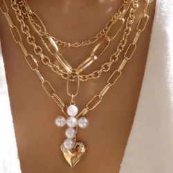 Boho Elegant Jewelry Multilayer Chain Pearl Cross Heart Pendant Necklace Gold Color Unquie Women Fashion Necklace N0340