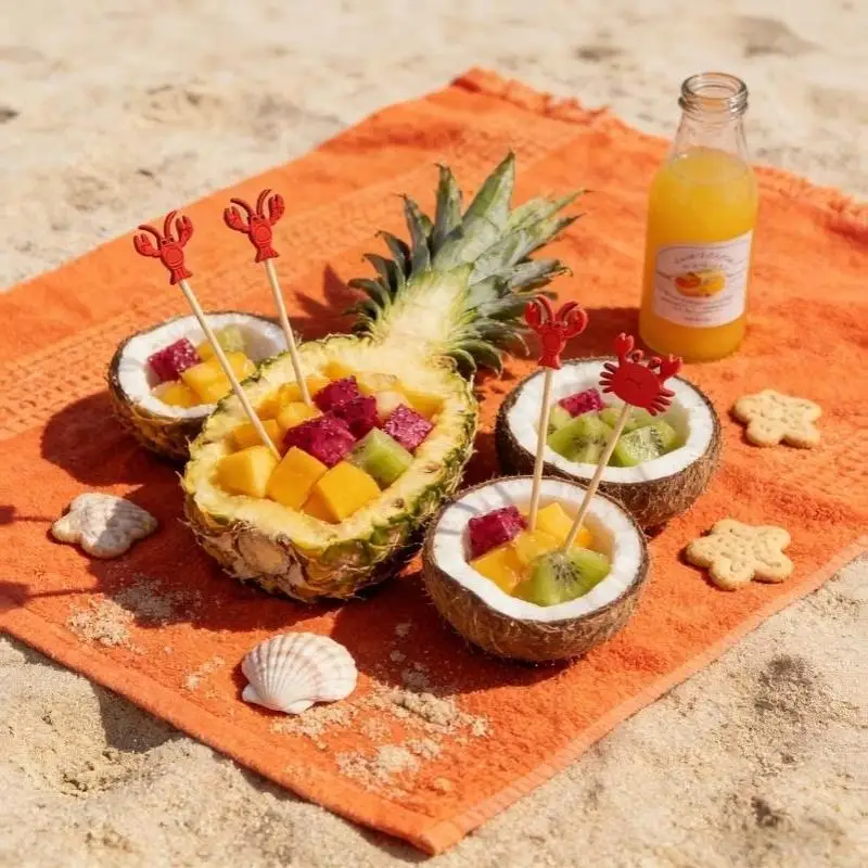 100 Stück 12cm Krabbenschalen-Bambus-Cocktailspießchen, Frucht-Cupcake-Aperitif-Topper, Hawaiianische Sommer-Strandparty-Zubehör – Detail 8