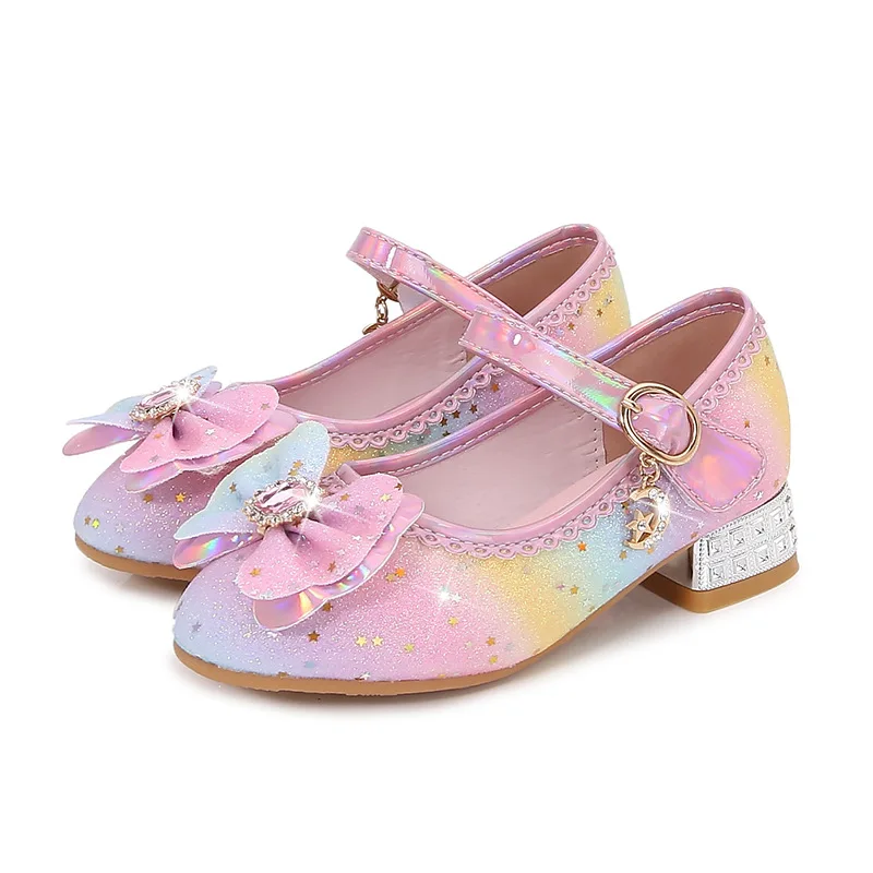 Spring Autumn Rainbow Princess Shoes Fashion Glitter Children Girls Crystal Leather Shoes Sequins Kids High-heels Single Shoes