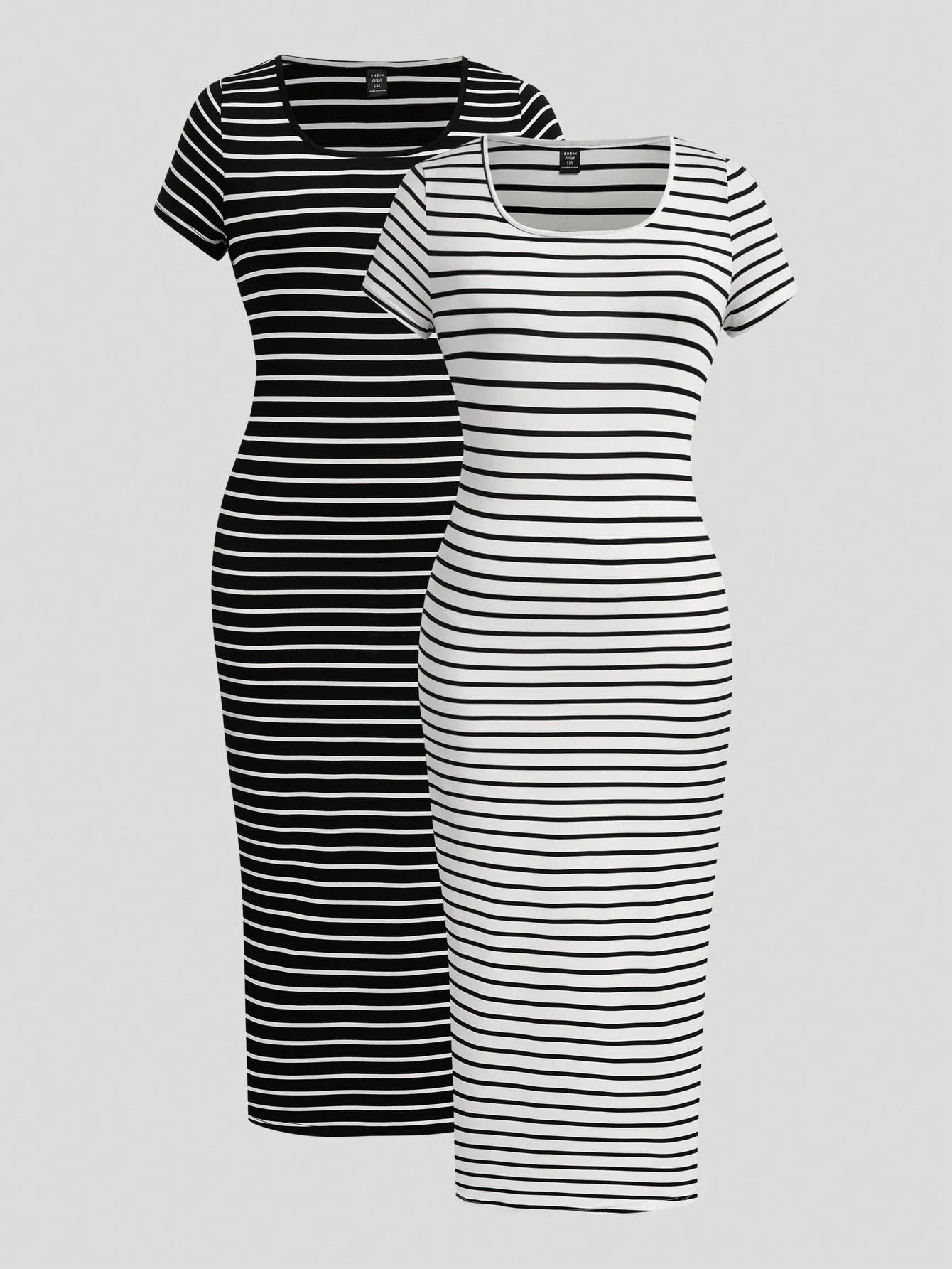 

2pcs Plus Size Black White Striped Casual Long Dress Summer