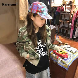 Karrram Japanese Y2k Cropped Jacket Vintage Harajuku Short Coat 2000s Korean Fashion Camouflage Zipper Hooded Sweatshirt Grunge