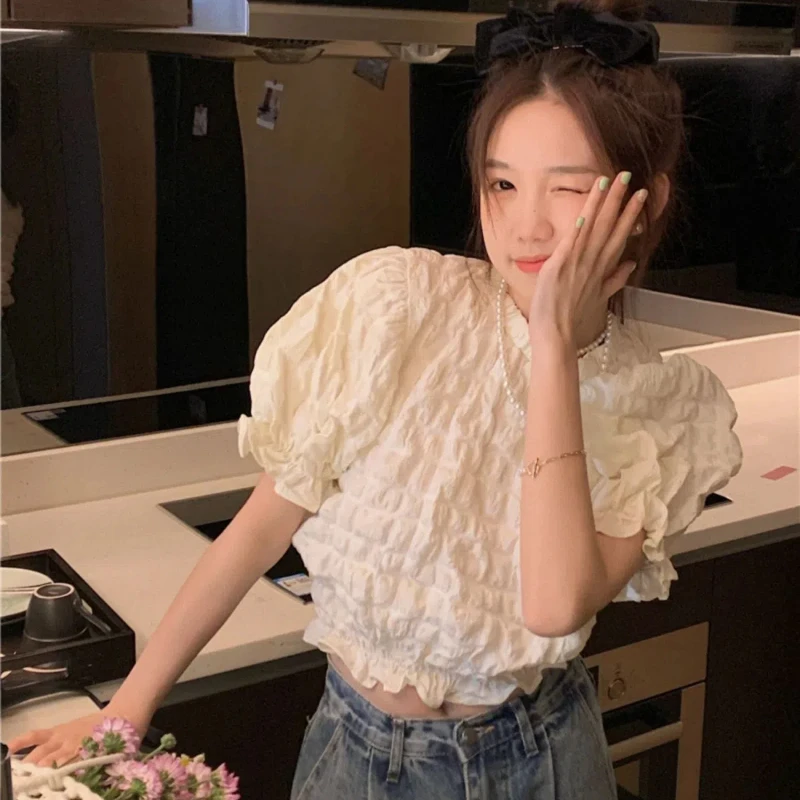 Korean Sweet Solid Color Chiffon Shirt Summer O-neck Pleated All Match Puff Sleeve Shirt Small Fresh Fashion Top Women Clothing