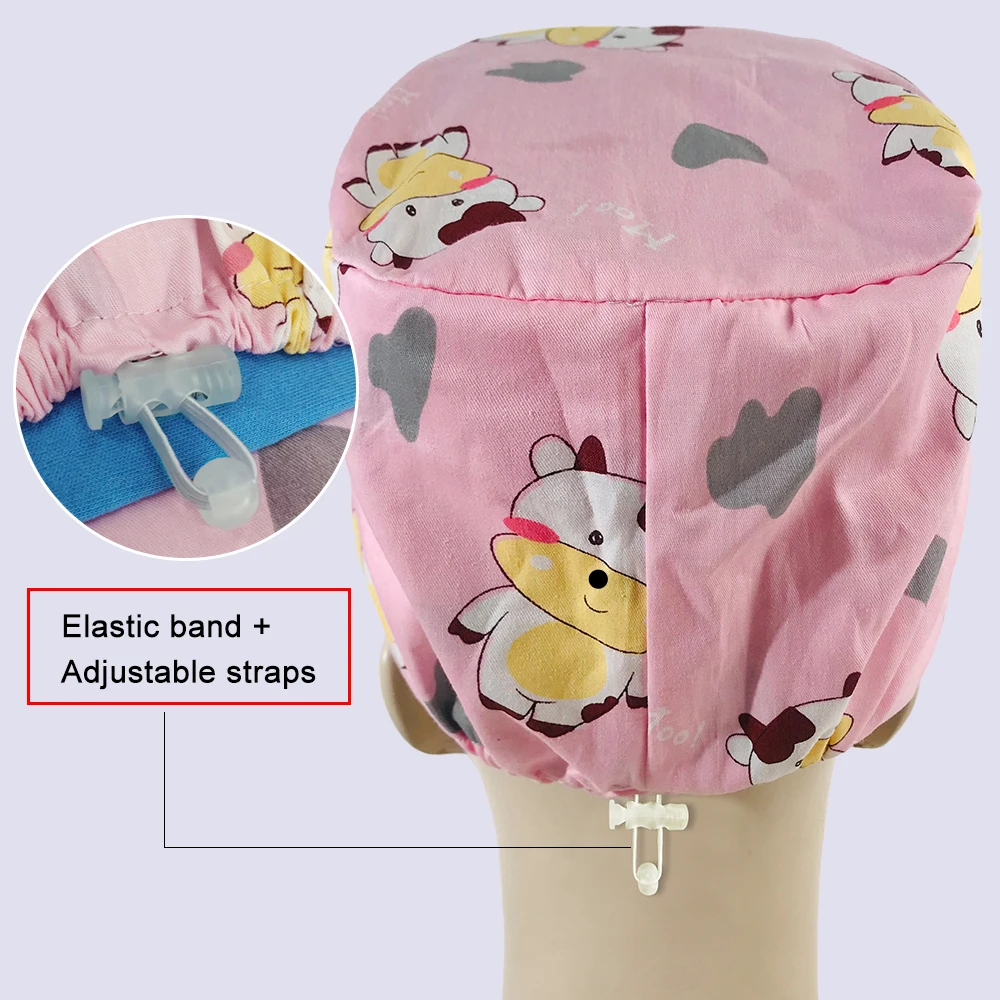 Gorro médico de algodón con estampado de dibujos animados para mujer, gorro ajustable con cordones para enfermera, gorros de trabajo para Spa, Unisex