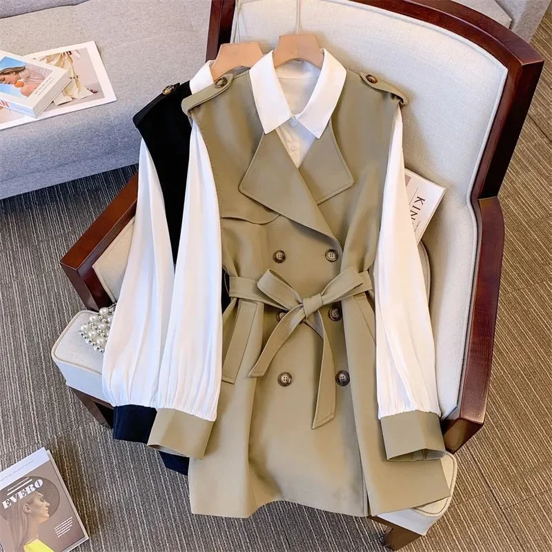 

2024 New Spring And Autumn Suit Women's Fashion Casual Wear Trench Coat Vest+Shirt Fashion Two-Piece Suit Women