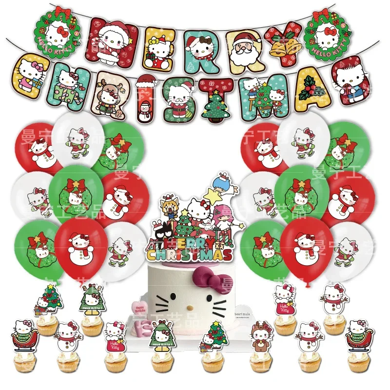 Christmas Decoration Hello Kitty Birthday Party Decoration Flag Pulling Balloon Background Cloth Cake Arrangement