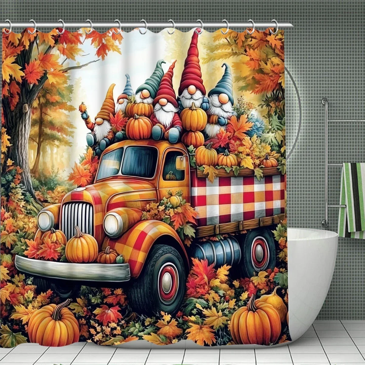 Autumn Pumpkin Truck Bathroom Set – Waterproof Shower Curtain, Non-slip Rugs, U-shaped Mat, Toilet Seat Cover, Fall Decor