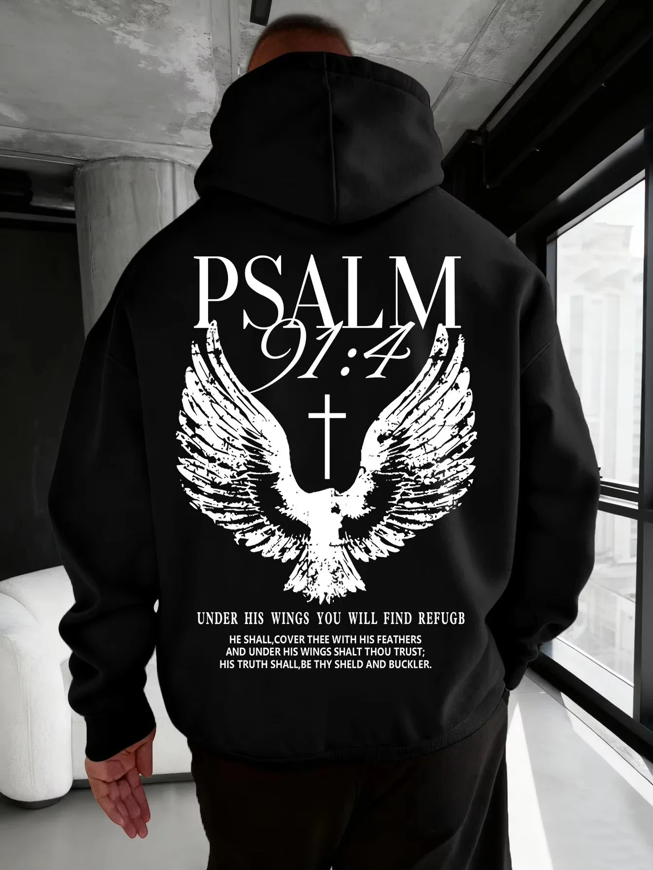 Christian Bible Verse Psalm 91:4 Print Men Women Hooded Sweatshirt Autumn Winter Outdoor Vacation Casual Loose Warm Sportswear