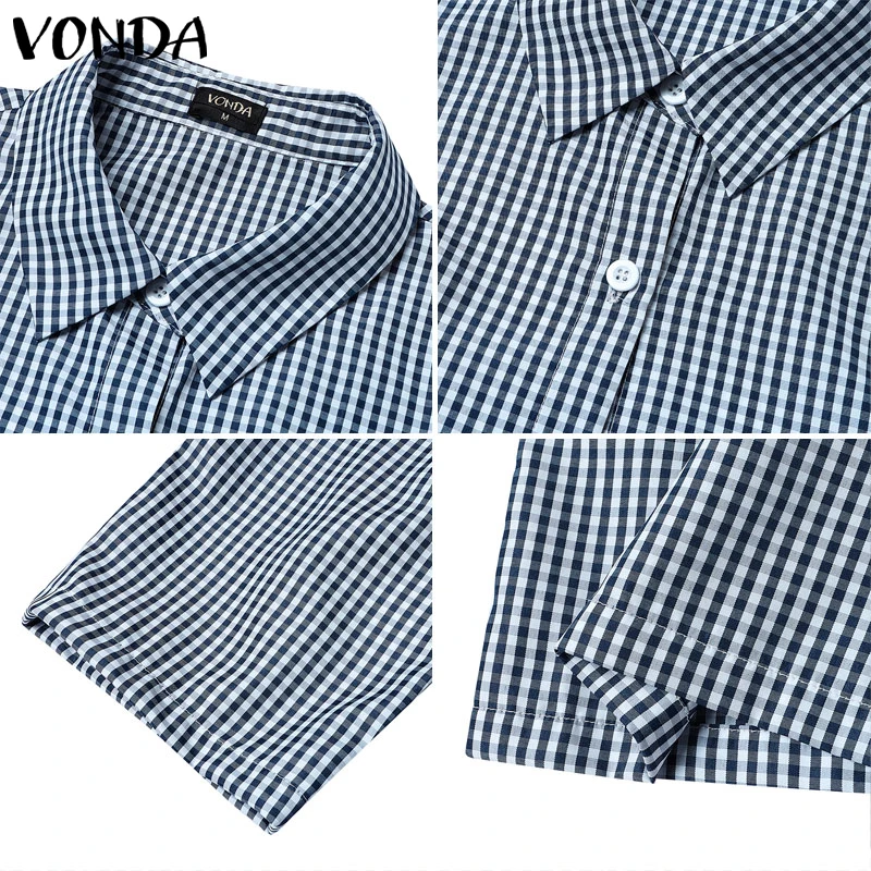 Grande taille 5XL VONDA Vintage combinaisons femmes élégant Plaid longue salopette mode 3/4 manches décontracté combishorts Streetwear pantalon