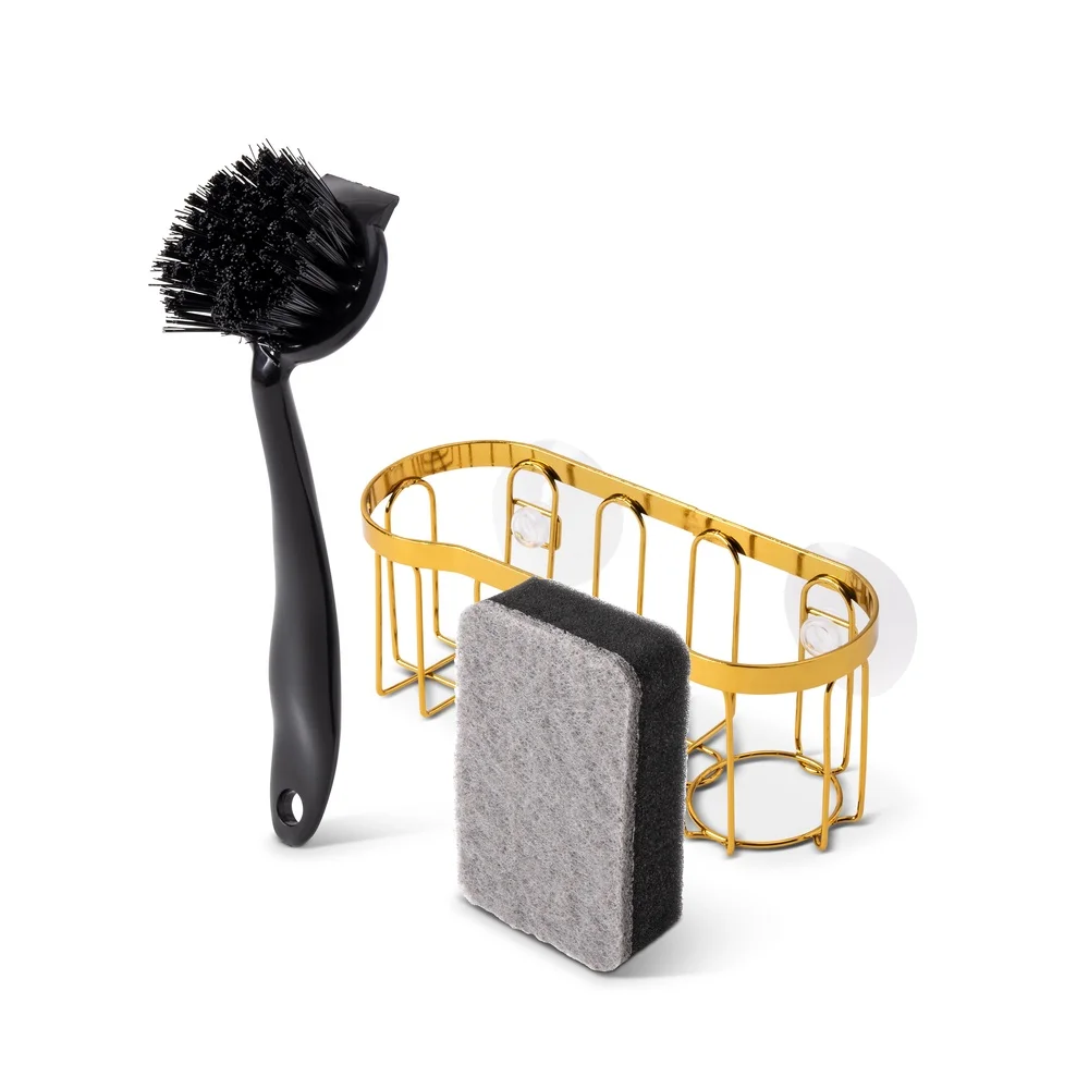 Juego de cepillos Caddy dorados de 3 piezas con ventosa, organizador de fregadero, herramientas de limpieza duraderas, diseño compacto, elegancia de cocina