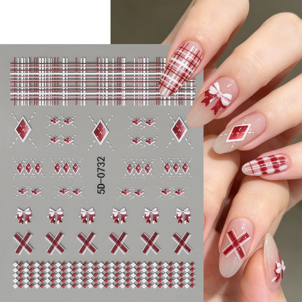 1Pc 5D Embossed Red White Plaid Bow Nail Art Sticker Retro French Rhombus/Stripe/Bow Nail Decal Y2K Adhesive Spring Nail Slider