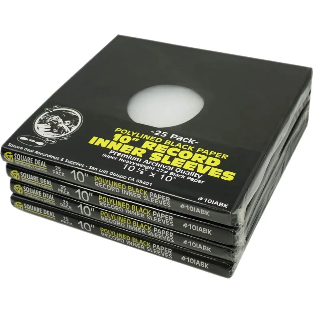 

10-дюймовые черные бумажные внутренние конверты для пластинок с отверстием, с полимерным покрытием - сверхпрочные, архивного качества, без кислот - 10IABK (100)