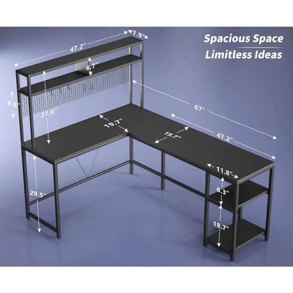 L Shaped Mesa Gaming com Hutch e Pegboard, Luzes LED, Black Corner Computer Desk, Prateleiras de armazenamento, 67"