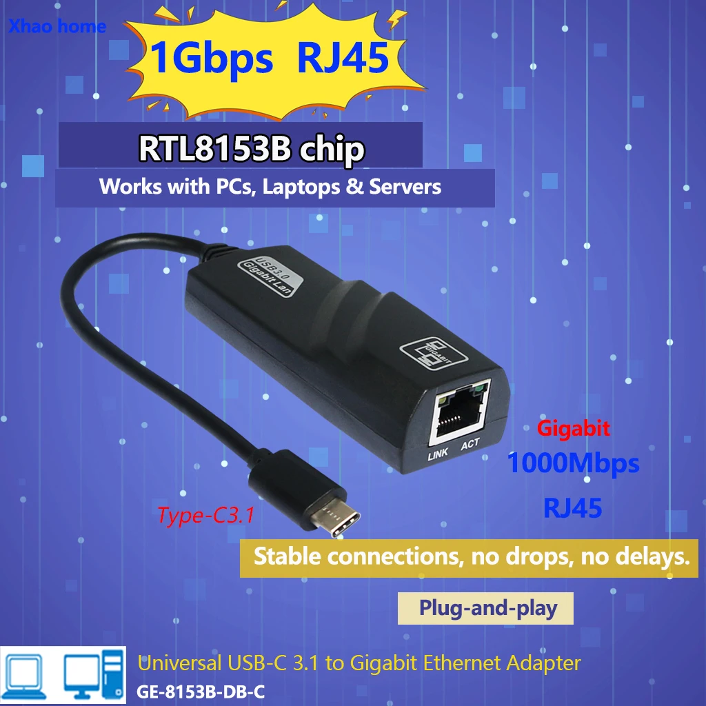 1000Mbps USB to RJ45 LAN Adapter, Type-C Port Expander for Windows/Mac/Linux,Laptop, Xiaomi TV Box, PC Plug & Play Network Card