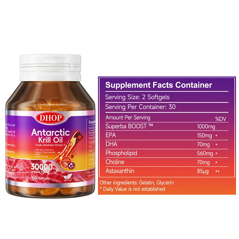 

DHOP Antarctic Krill Oil 60 Capsules for Improved Skin Cardiovascular Health And Blood Circulation Support