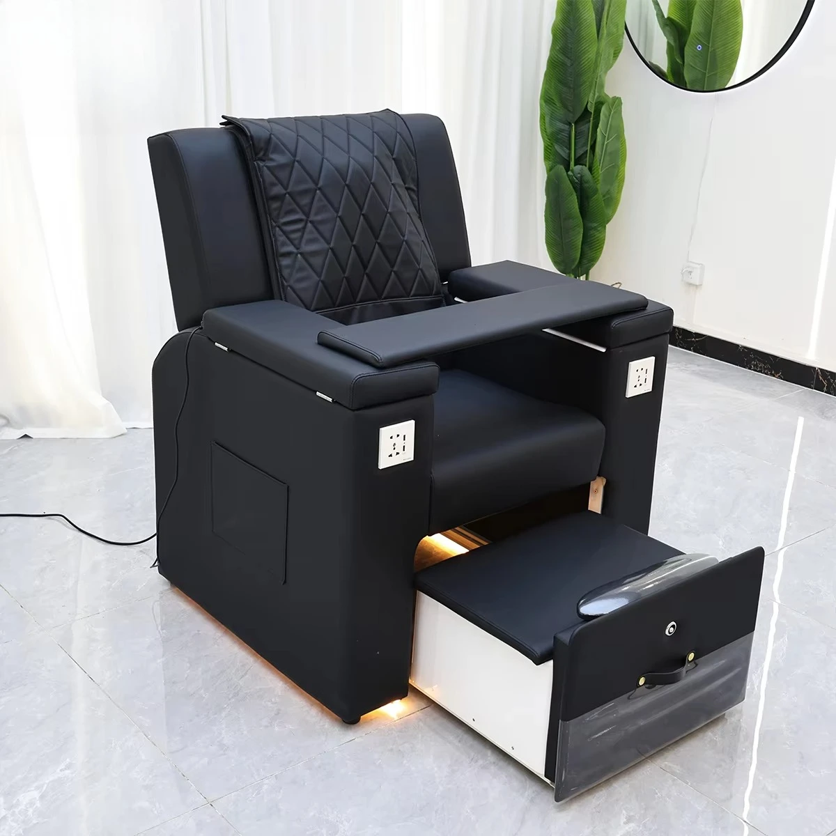 Black leather case adjustable recliner footchair plumbing without pedicure chair for nail and foot salon