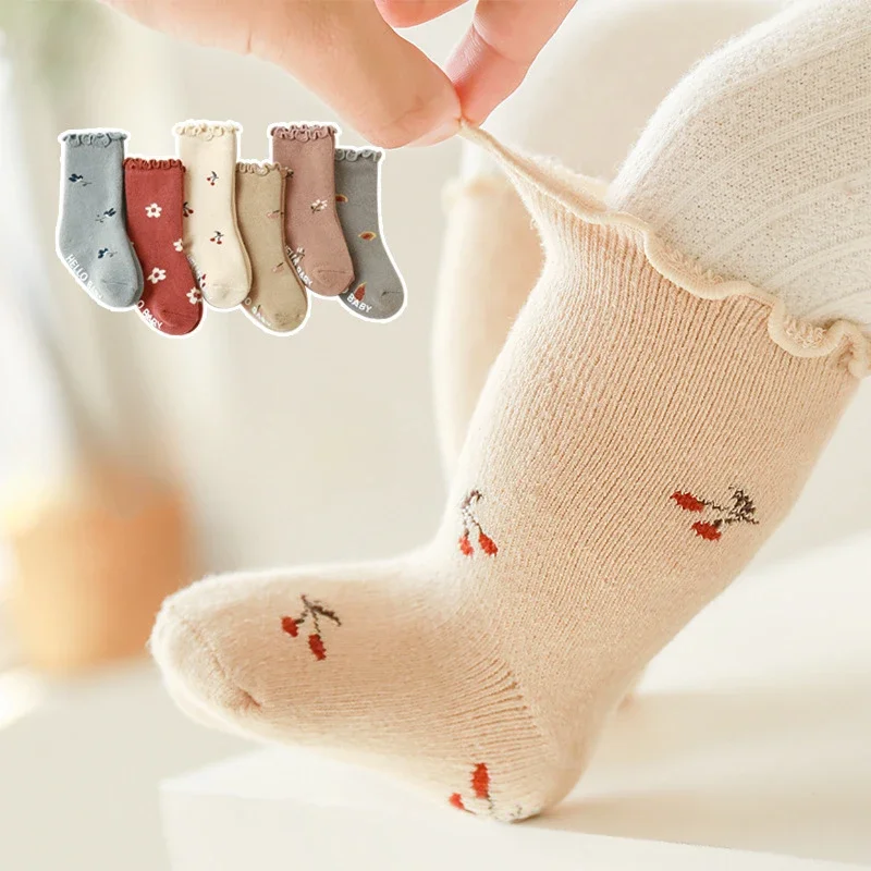 

Хлопковые махровые носки для маленьких девочек, детские нескользящие носки с оборками и цветочным принтом, детские гетры средней длины для принцессы, От 0 до 5 лет