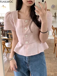 Retro Vintage Chic Square Neck Collar Tops Hot Women Summer Short Sleeve Korea Japan Style Button Blouse Shirts