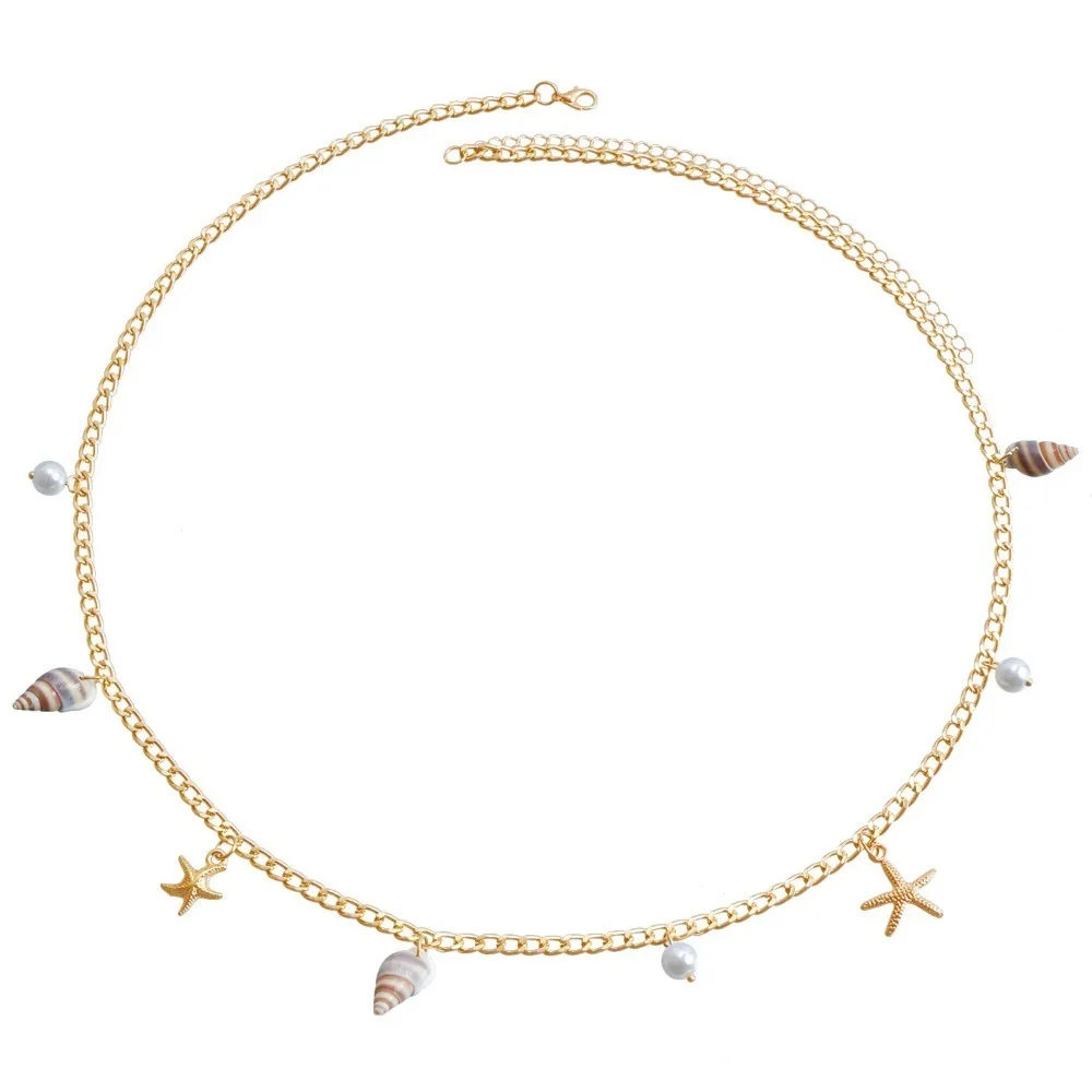 Summer Bohemian Waist Chain Imitation Pearl Starfish Shell Pendant Body Chain Hollow Out Beach Bikini Shell Waist Link for Women