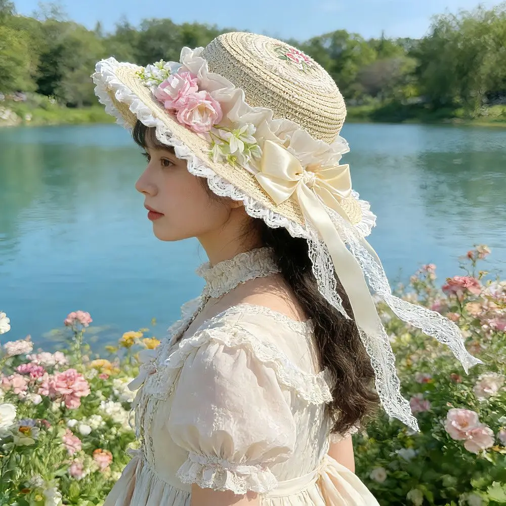 Women French‑Style Lolita Embroidered Lace Straw Sun Hat Handcrafted Sweet Doll‑Aesthetic UV‑Resistant Slim‑Fit Headwear