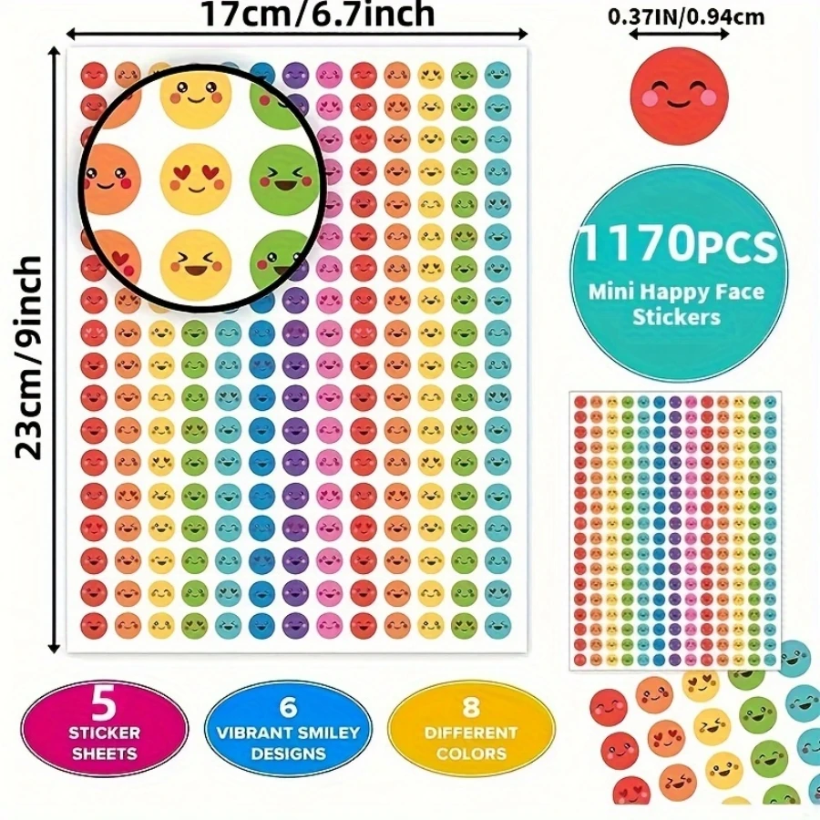 5 Sheets/1170 Happy Stars Stickers Happy Stars Student Reward Chart Behavior Labels for DIY Crafts Scrapbooking School Office Su