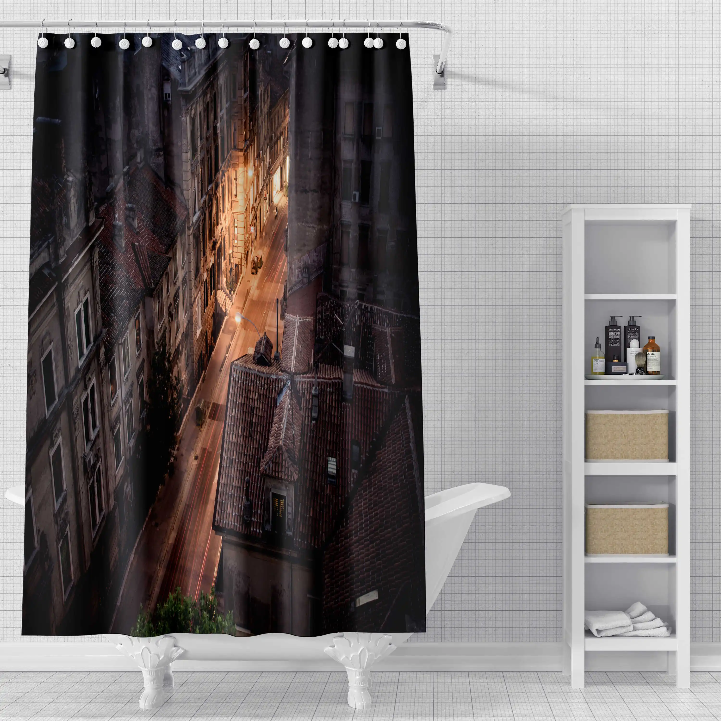 City Nightscape Shower Curtain Waterproof Fabric Bathroom Decor with Hooks