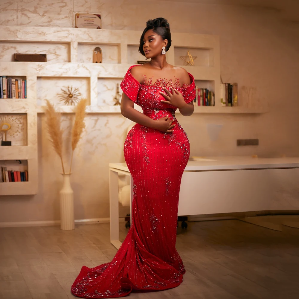 

Red Crystals Mermaid Prom Dresses Aso Ebi African Wedding Party Gowns Beading Off Shoulder Formal Occasion Dress Customized