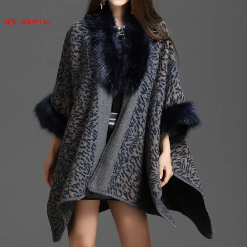 Cape Coat Women Luxury Faux Fur Coats Cloak Winter  Fashion Fall Long Capes Leopard Poncho Feminino Inverno Capa Con Capucha