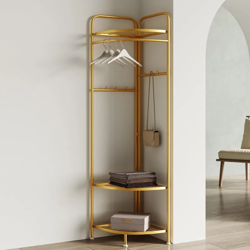 

Metal Corner Coat Rack,corner Hall Tree with 6 Hooks and Storage Shelf,gold Clothing Rack,Freestanding Garment Rack