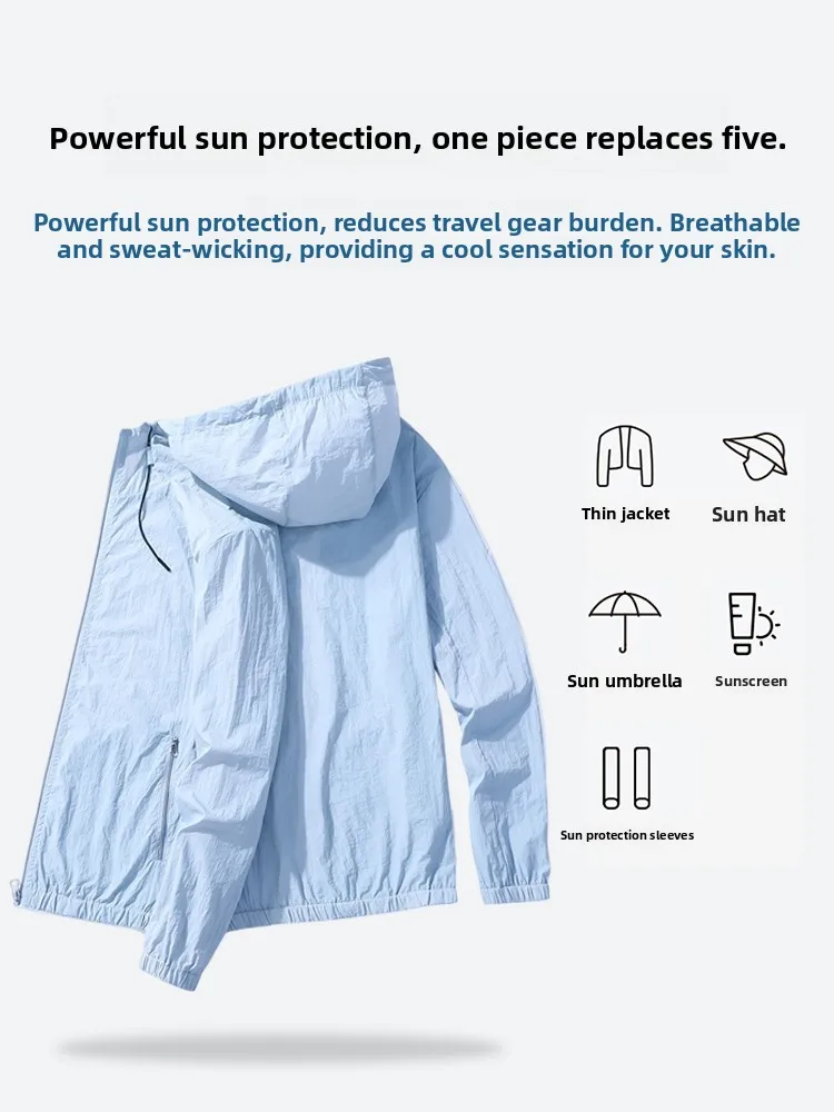 

Summer Men's Loose Ice Silk Hooded Lightweight Thin Sun Protection Outerwear Breathable Qui Dry Outdoor Jaet Zipper Closu...