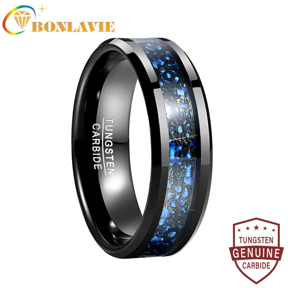 BONLAVIE 8mm Black Polished Inlaid Blue Carbon Fiber Black Gear Pattern Ring with Chamfer Tungsten Steel Men Ring Size 7-12