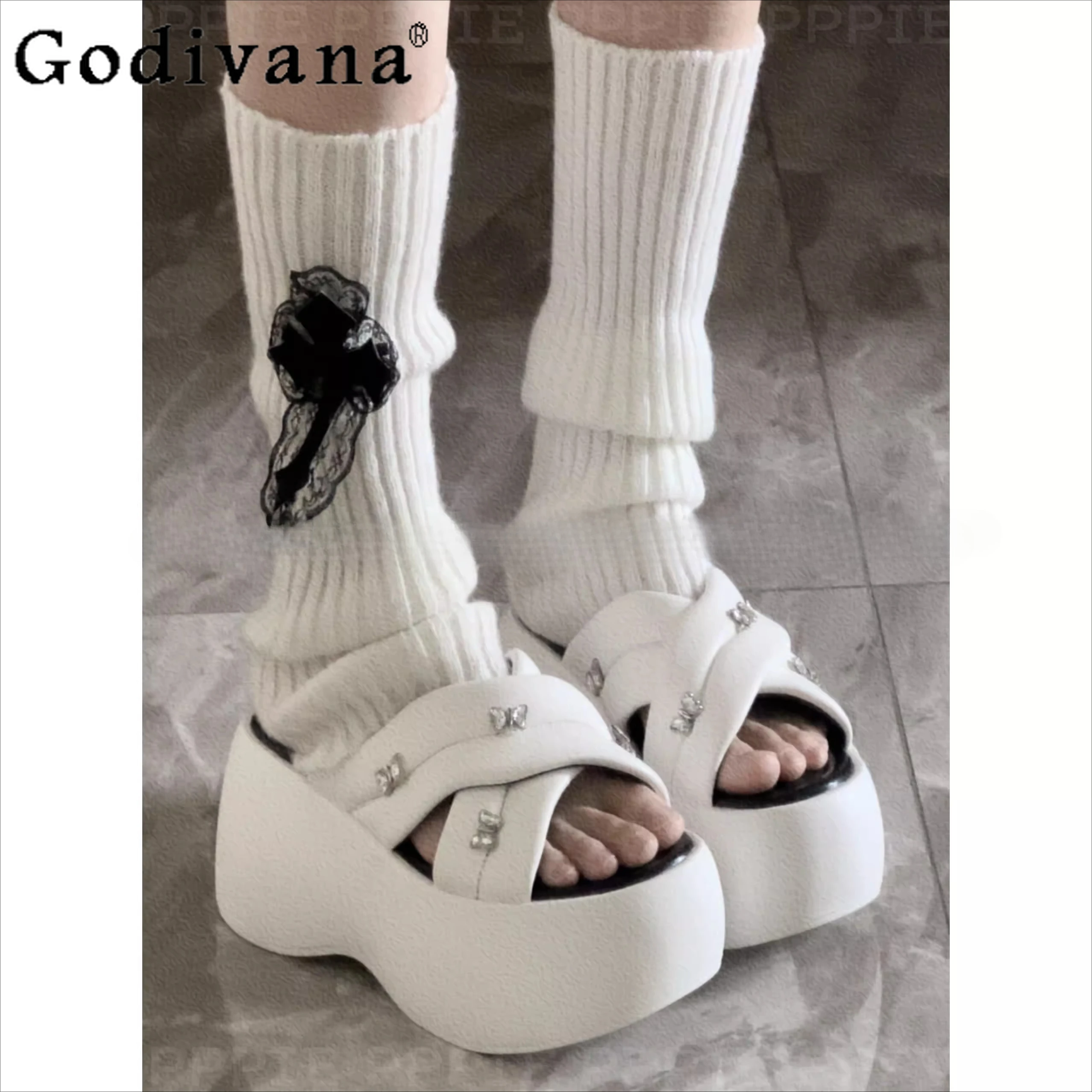 

Sweet Cool Girl Japanese Original Lolita Rhinestone Butterfly Platform Slippers 2025 Summer New Open-toed Fashion Cool Slippers