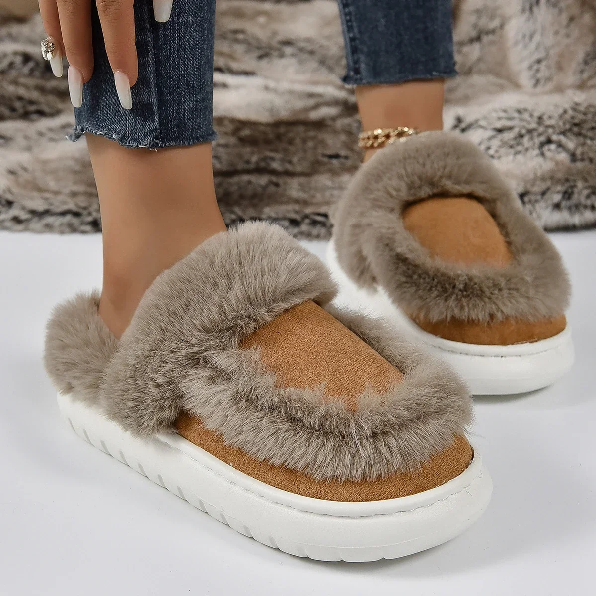 Winter Women Platform Fur Slippers Warm New Short Plush Flats Home Cotton Shoes Suede Slippers Slides Women Claquette Femme