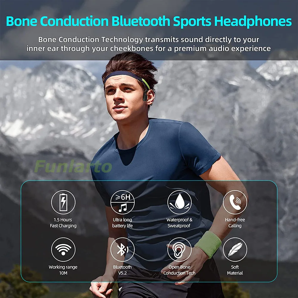 Bone Conduction Headphones Premium Open-Ear Wireless Bluetooth Sport Headphones with Microphones Sweatproof Wireless Earphones