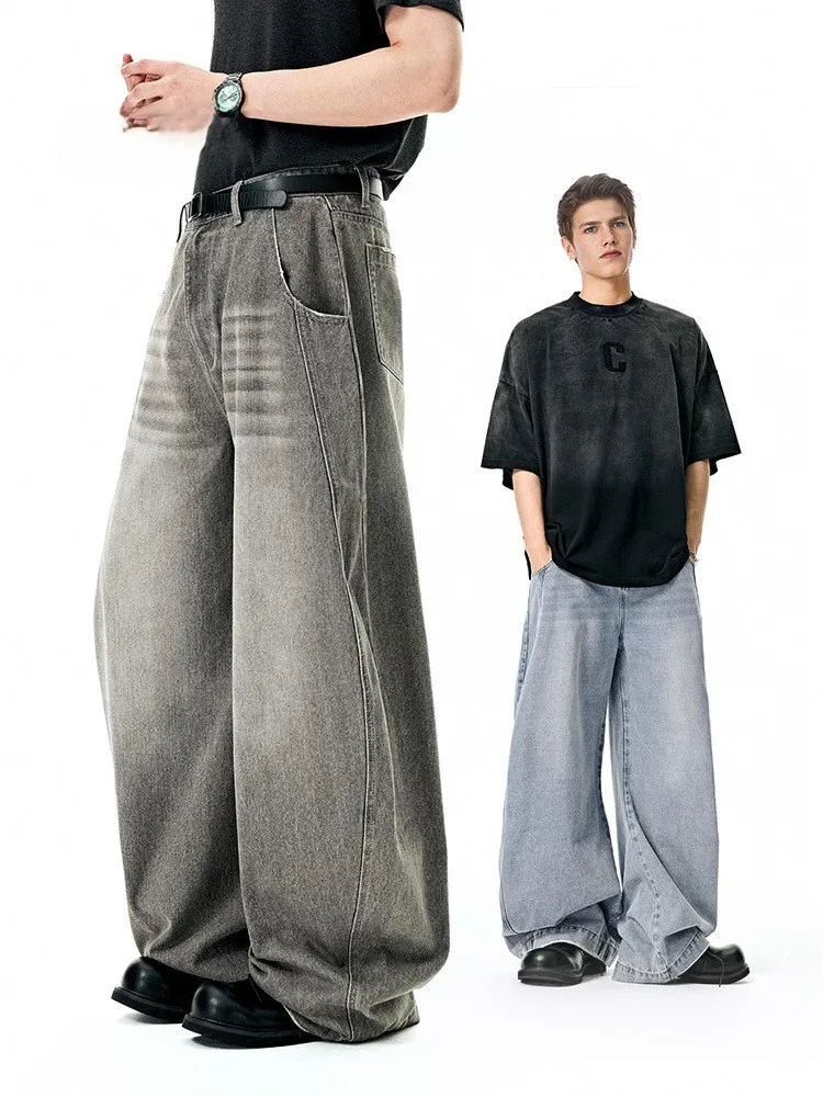 

Весна-лето 2024, новая уличная одежда с изогнутым подолом, мужские потертые джинсовые повседневные брюки, прямые свободные брюки с силуэтом, городской модный хип-хоп