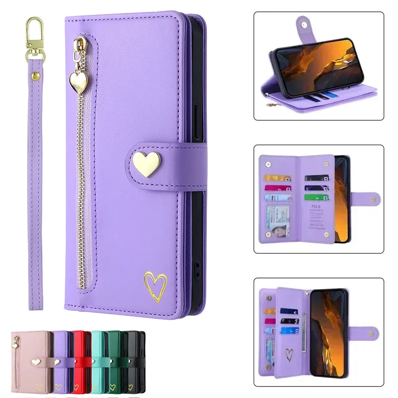 Multi 9 Cards Wallet Case for Sharp Aquos Wish4 Wish3 Wish2 Zipper Leather Wrist Strap Cover For Sharp Aquos R9 R8 R7 R6 Pro