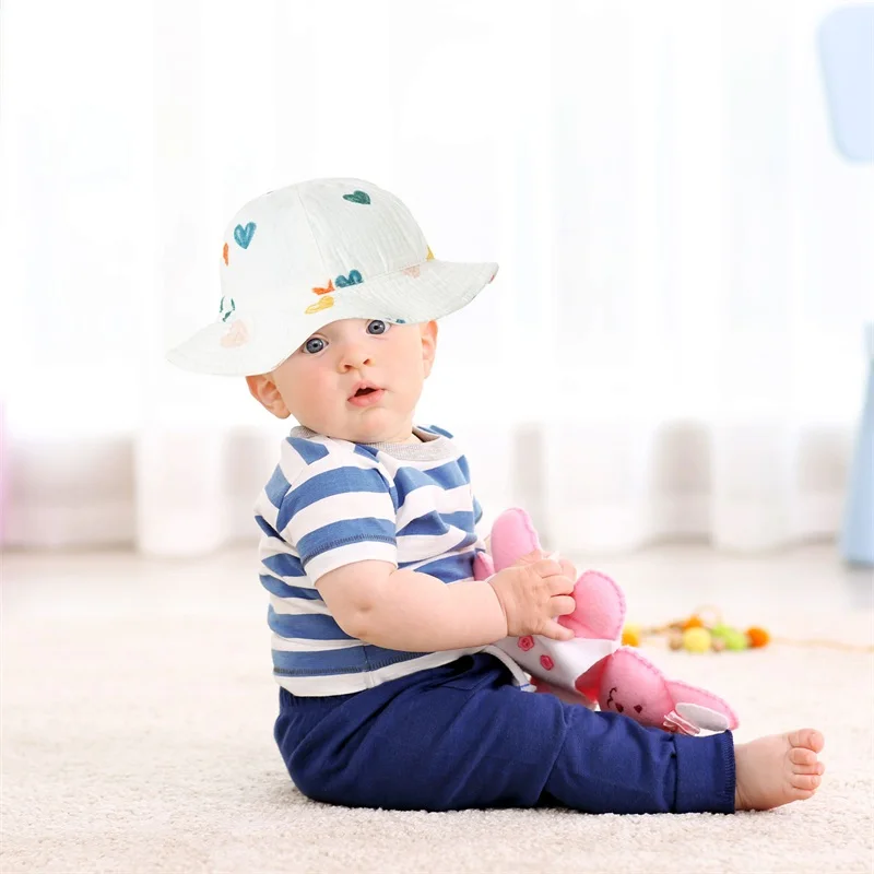 0-12Months Baby Summer Bucket Hat Sun Protection Infant Wide Brim Fisherman Hat with Chin Strap