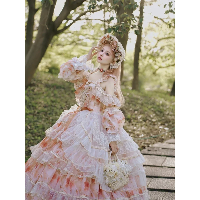 DY20 페어리 스타일 정교한 레이스 플라워 오프숄더 슬림 드레스 여성용 빅토리아풍 로리타 드레스 스위트 볼 가운 할로윈 D