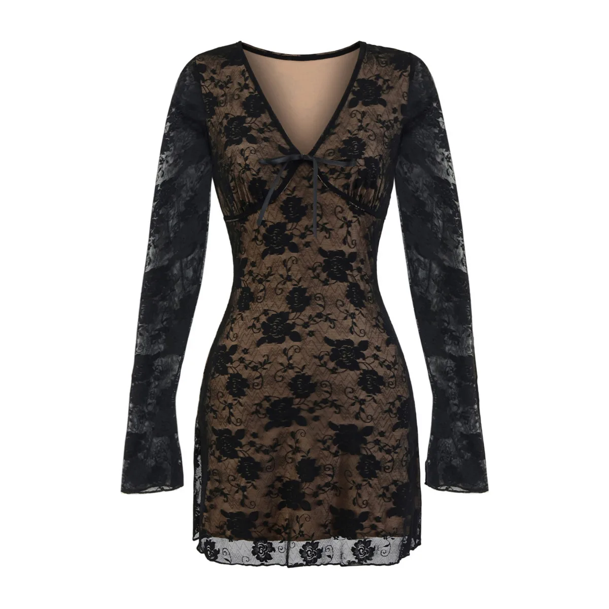 Herbst Neue frauen Amerikanischen Mode Stil Würzig Tiefem V-ausschnitt Spitze A-linie Lange Ärmeln Kleid Sexy Mesh Jacquard, Figurbetontes Kleid FJT8
